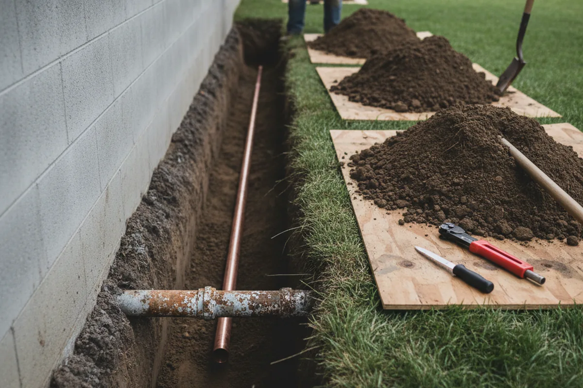 Excavated water line trench during Water Softener Installation in Clark Fork